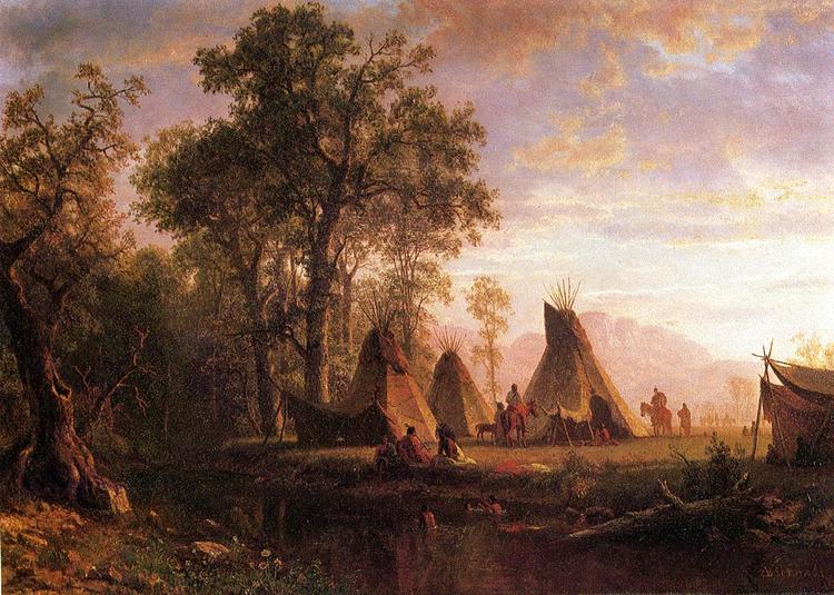 Albert Bierstadt Oil Painting Indian Encampment, Late Afternoon - Click Image to Close